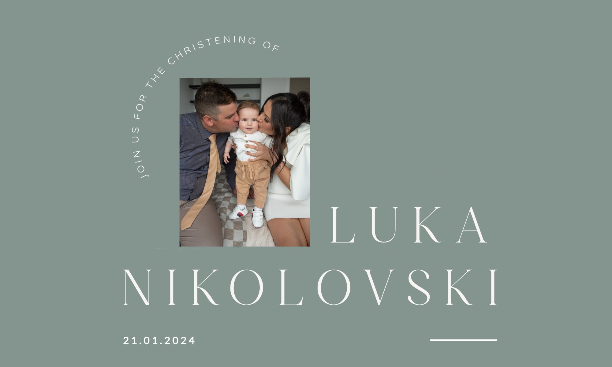 Banner design of title and photo of Mum and Dad kissing baby boy